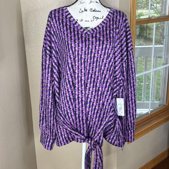 Liz Claiborne Shirt Womens 3X Bright Violet Geo V-Neck Tie Front Long Sleeve - Picture 1 of 16